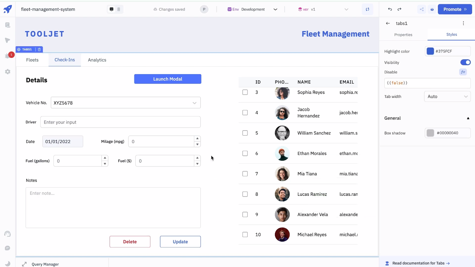ToolJet - Fleet Management building check in tabs