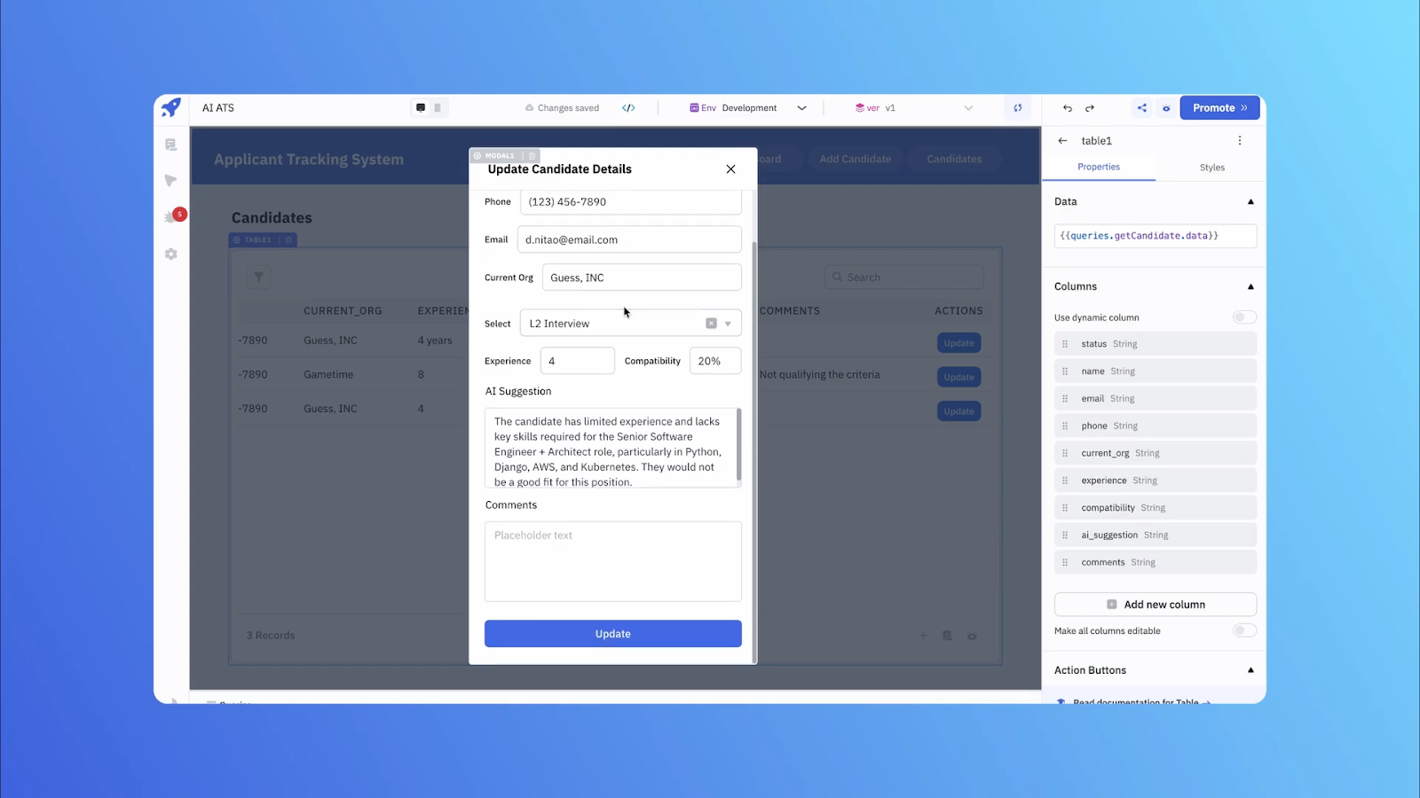 A Screenshot of the User interface of Update candidate details modal of ATS application - AI-assisted Applicant Tracking System (ATS)