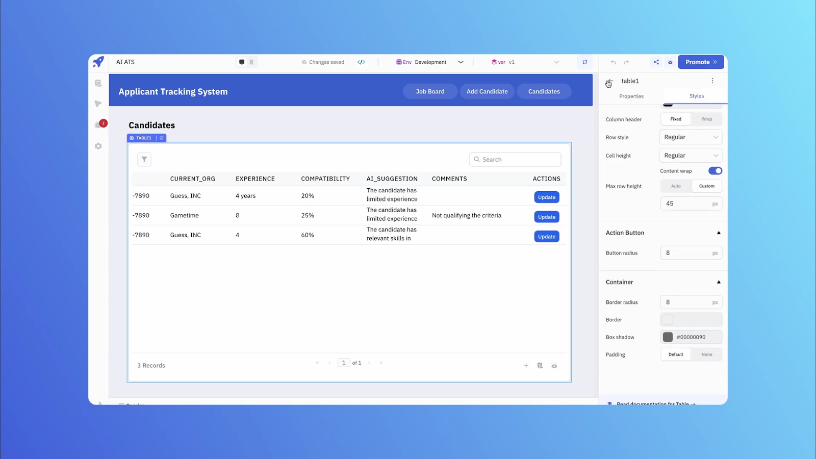 A Screenshot of the user interface of Candidates page of ATS application - AI-assisted Applicant Tracking System (ATS)