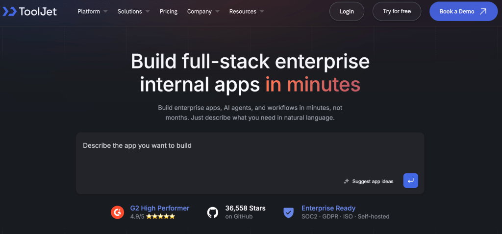 ToolJet homepage: Appian vs ToolJet