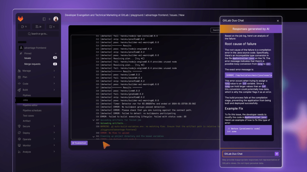 A Screenshot from a video on the homepage of GitLab Duo, an AI Tool for collaboration. It has a section with code fixes in a chatbox with GitLab Duo.
