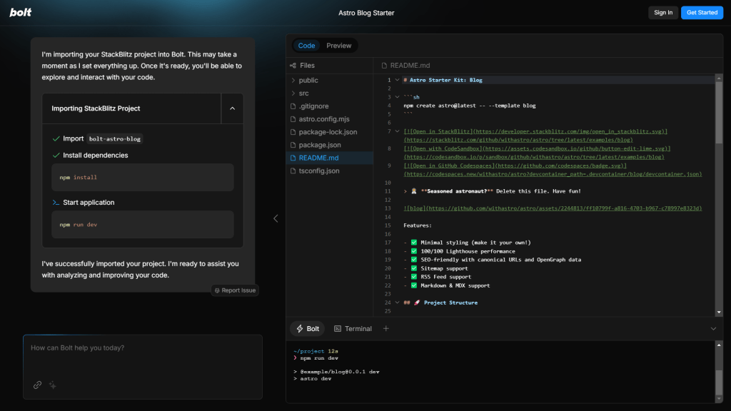 A Screenshot of working of Bolt, an AI Tool for development where Bolt is importing project dependencies and creating files