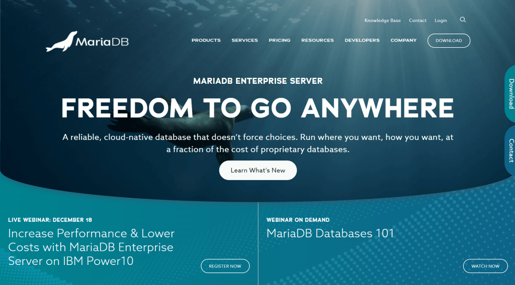  homepage of MariaDB's official website, a database management tool.