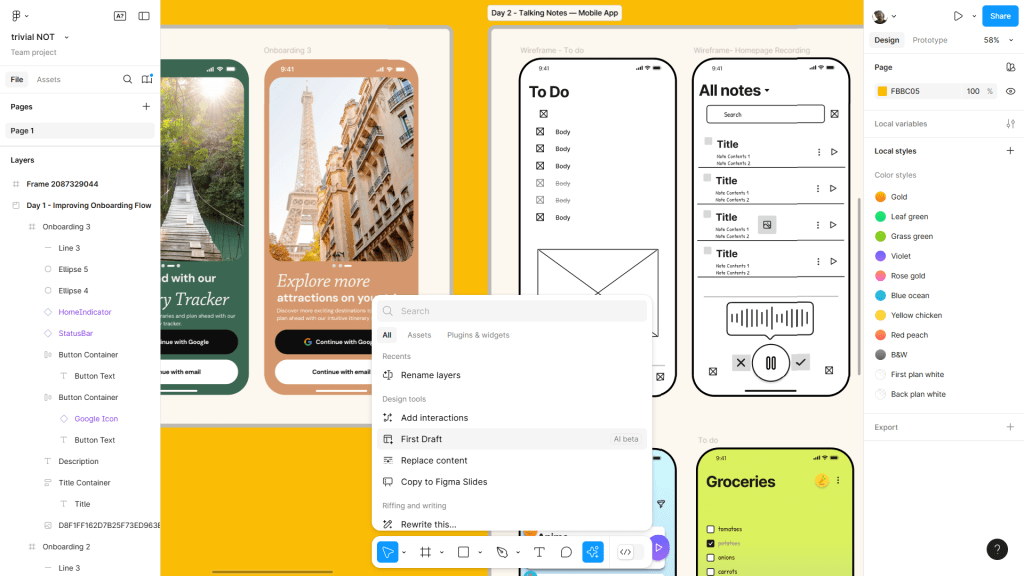 A Screenshot from a working file of Figma , an AI Tool for design. It shows the interface of Figma and it's AI capabilities