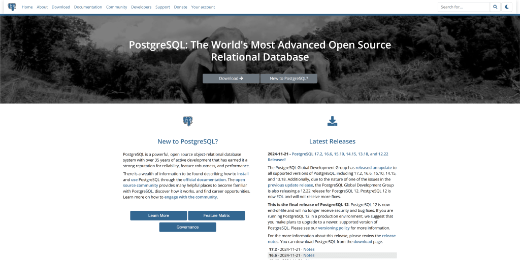  homepage of PostgreSQL's - a database management tool.