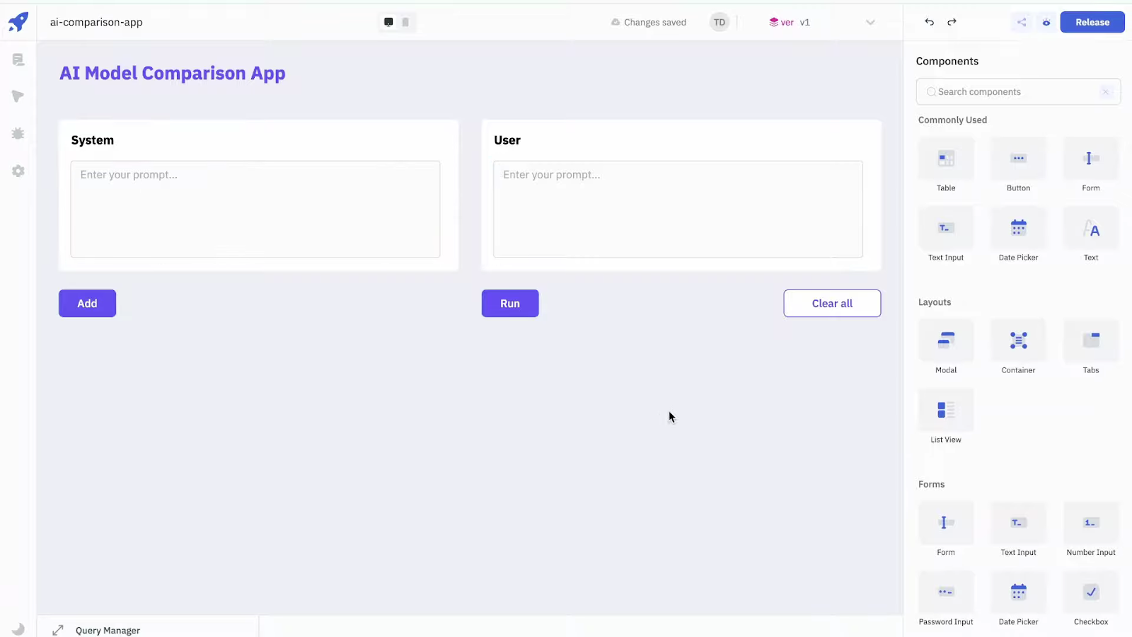 A user interface for a low-code "AI Model Comparison App" featuring empty "System" and "User" prompt boxes.