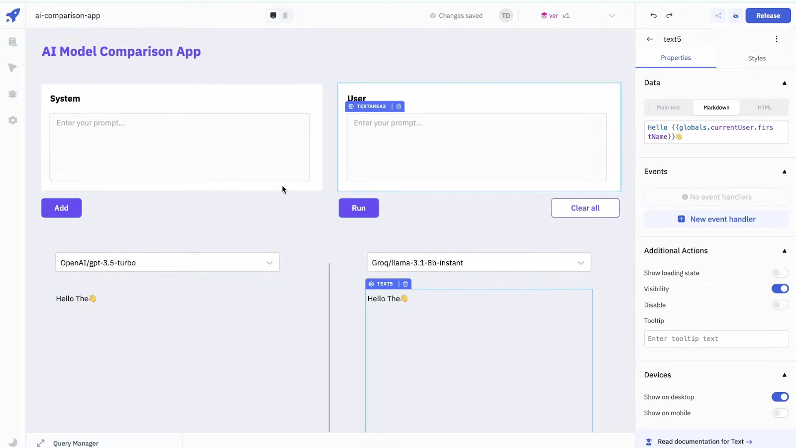 AI Model Comparison App interface, now showing model selection dropdowns for OpenAI and Groq.