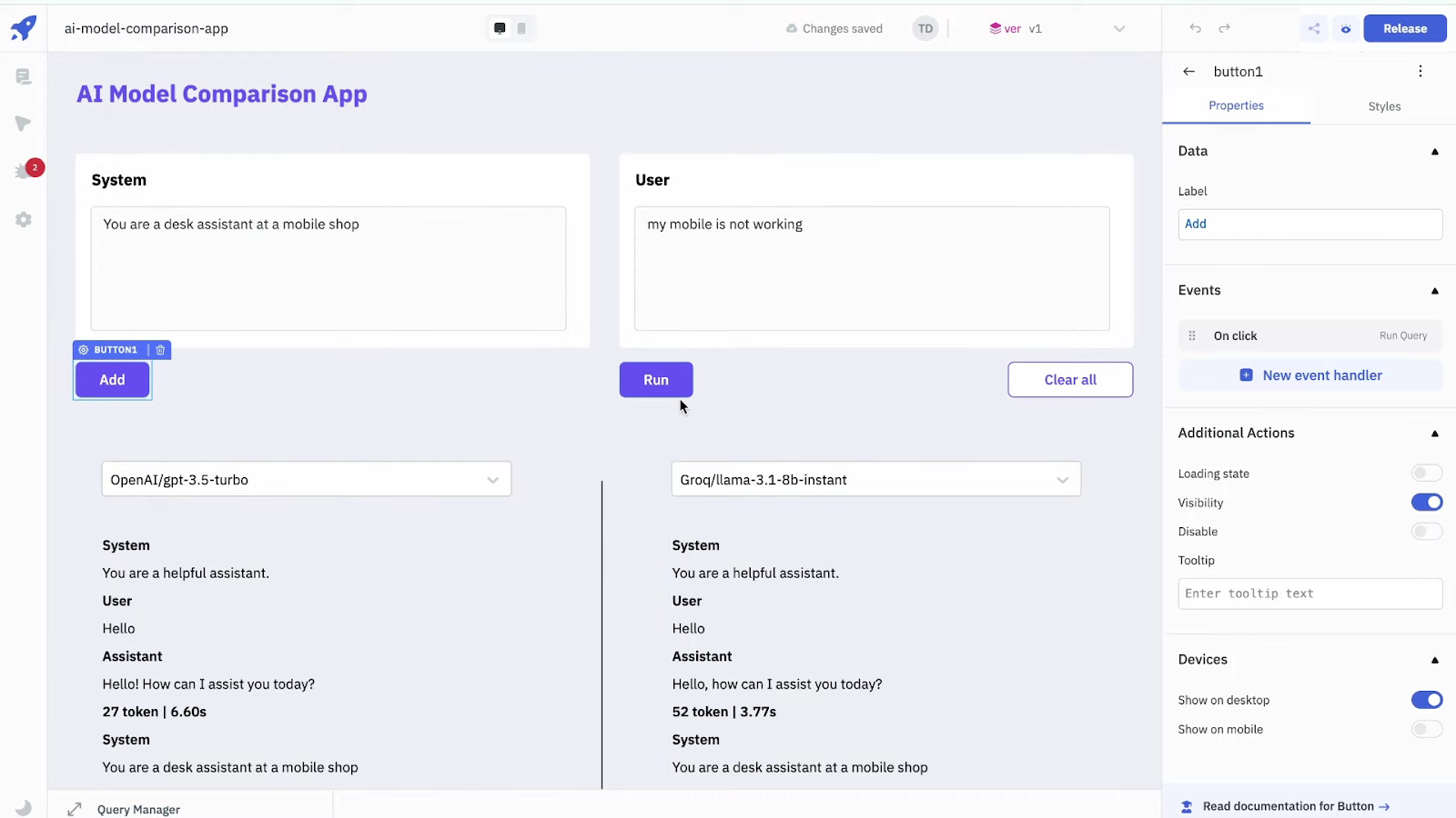 AI Model Comparison App showing a side-by-side comparison of OpenAI and Groq LLM.