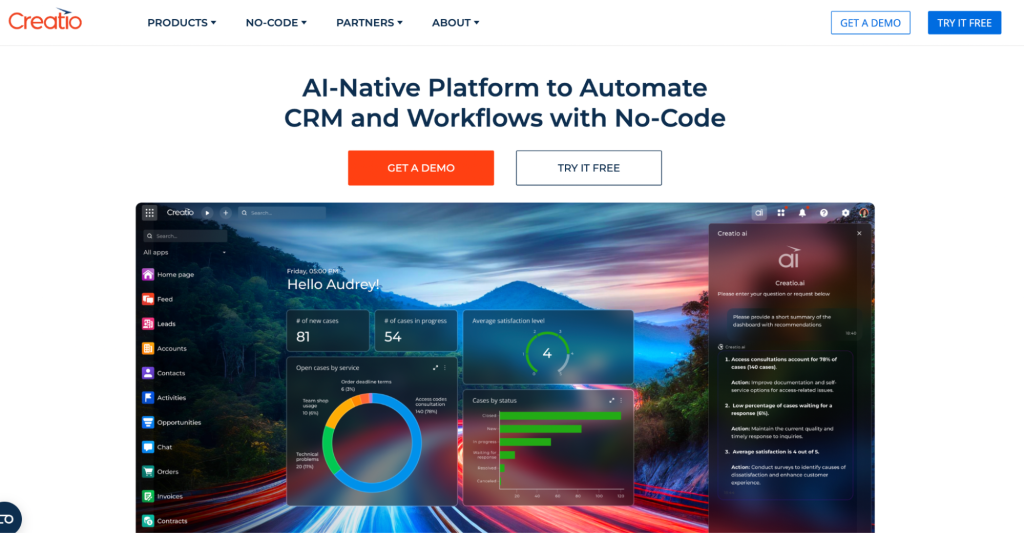 Creatio-a strong Zoho CRM alternative if you're looking for both customer management and workflow automation in one package.
