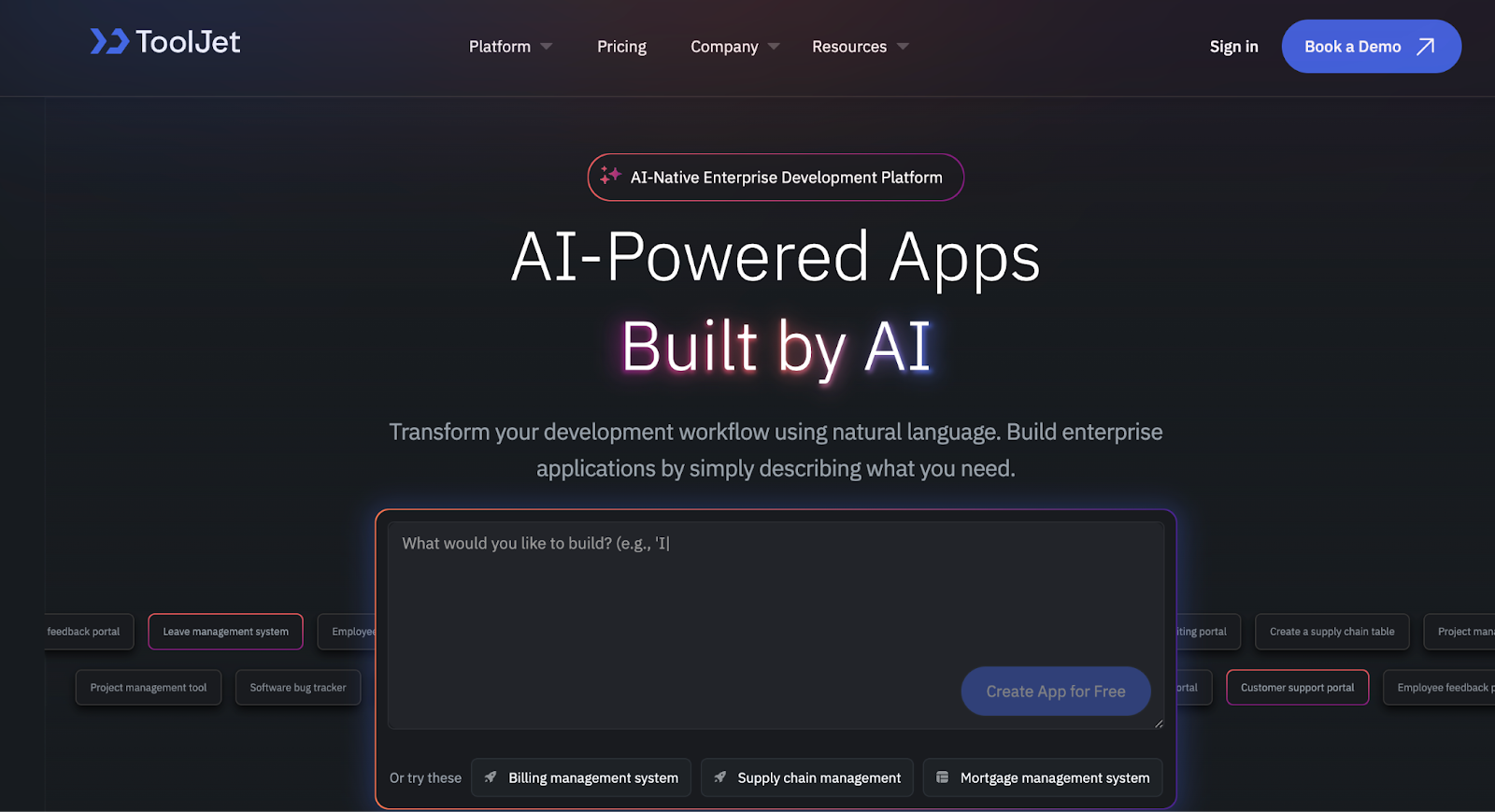 ToolJet homepage featuring  with the headline "AI-Powered Apps Built by AI.