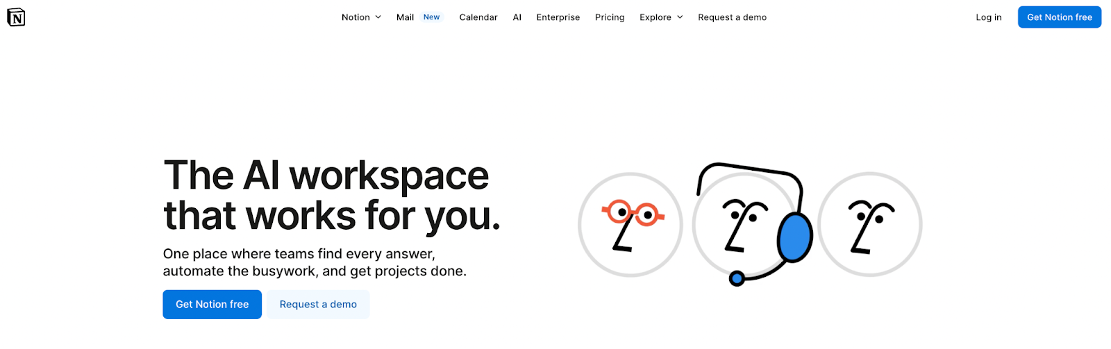 Notion homepage featuring "The AI workspace that works for you".