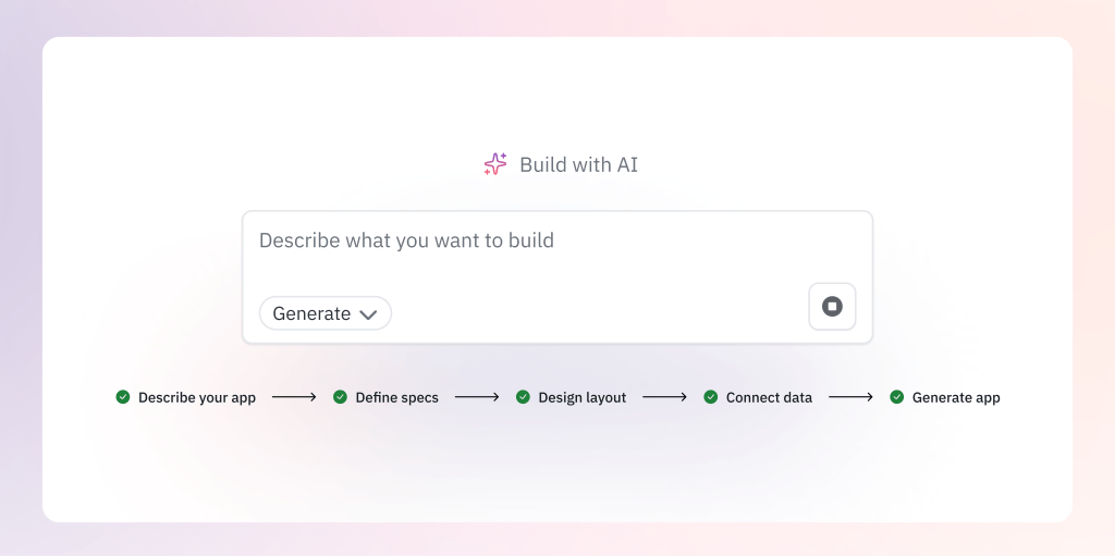 Interface showing Build with AI prompt and the five steps of AI-assisted app creation.