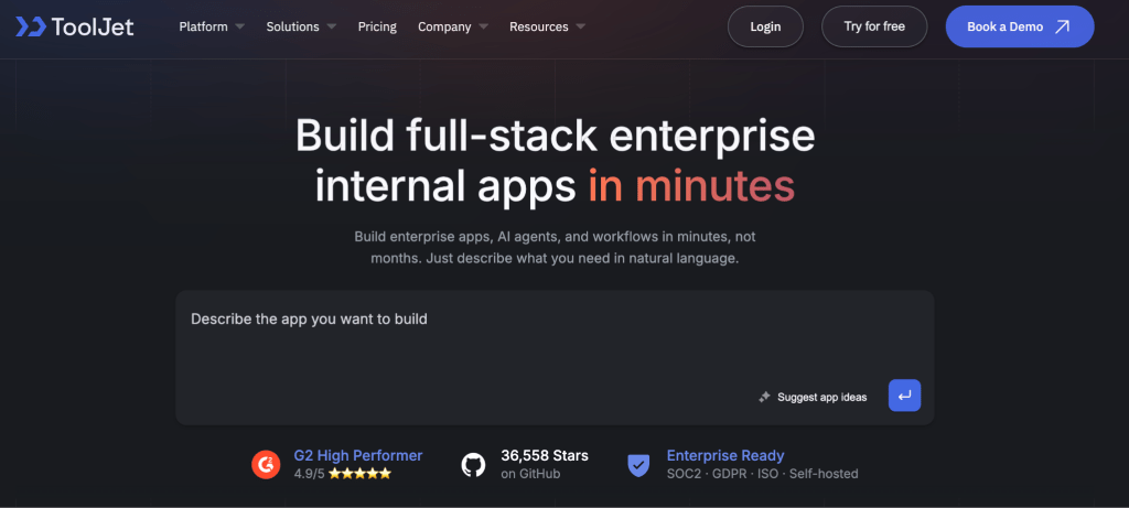 ToolJet homepage banner promoting rapid full‑stack internal app building.