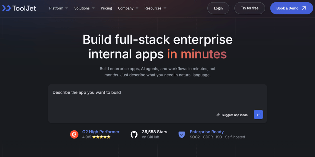 Bolt vs V0: ToolJet home page