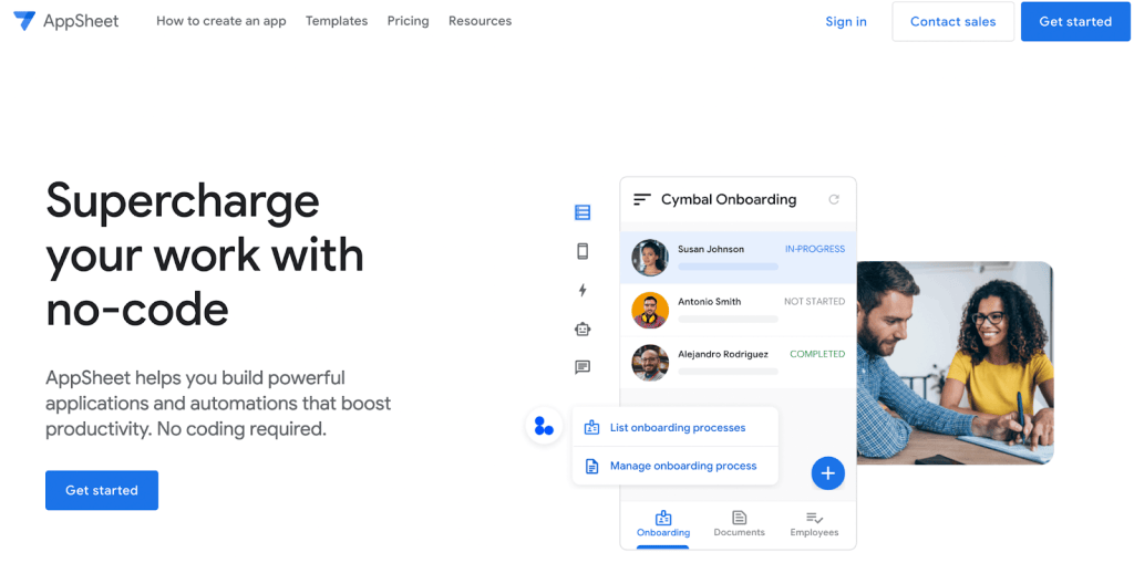 AppSheet homepage illustrating a no-code employee onboarding app.