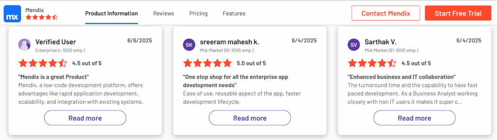 Three customer reviews for Mendix, showing 4.5, 5.0, and 4.5 out of 5 stars.