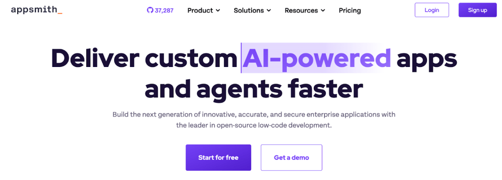 The Appsmith website hero section with the title: "Deliver custom AI-powered apps and agents faster.