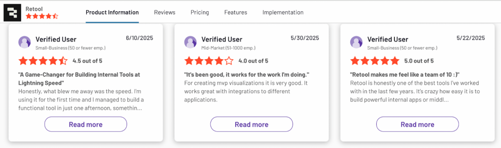 Three customer reviews for Retool, showing 4.0, 4.5, and 5.0 out of 5 stars.