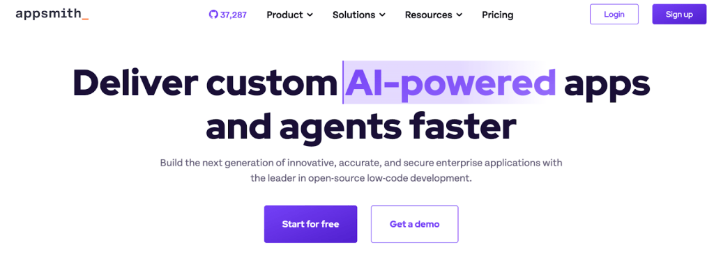 Appsmith homepage introducing AI-powered apps and agents.