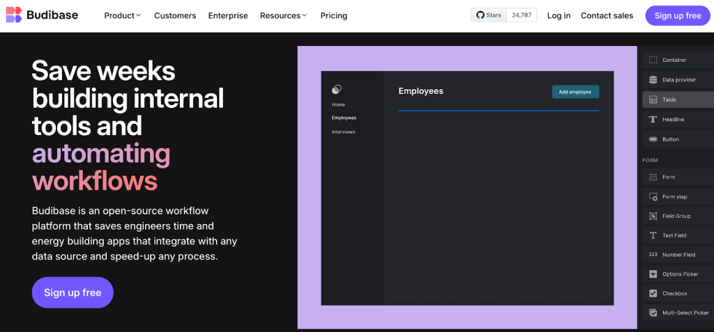 Budibase homepage with an employee-management app in its visual builder.
