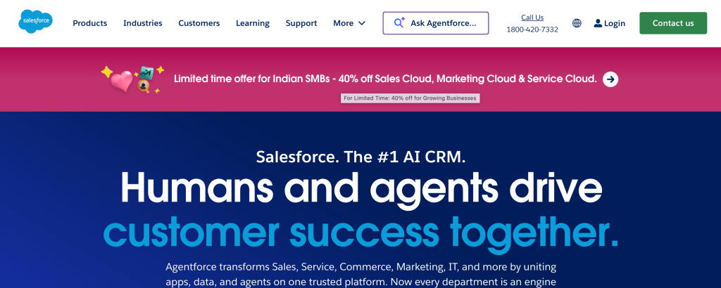 Salesforce homepage featuring a promotional banner for Indian SMBs offering 40% off Sales Cloud, Marketing Cloud, and Service Cloud, with the tagline 'Humans and agents drive customer success together.'