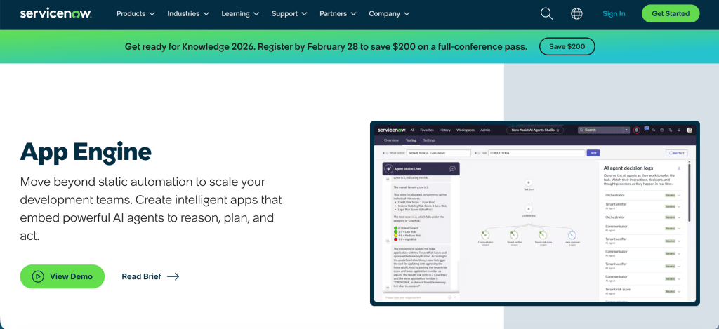 ServiceNow App Engine interface, showcasing features for creating intelligent apps with AI capabilities. The screen displays an AI agent decision log and a workflow chart.
