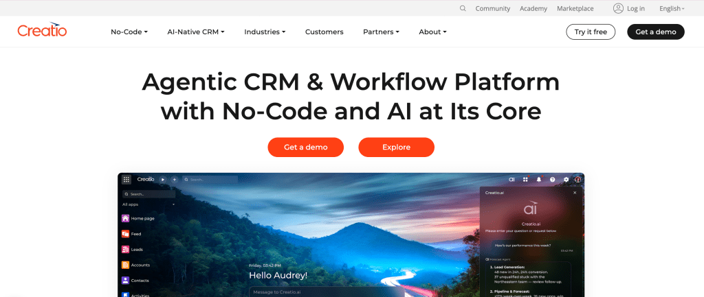 Homepage of Creatio featuring a large header titled 'Agentic CRM & Workflow Platform with No-Code and AI at Its Core' with buttons for 'Get a demo' and 'Explore'.