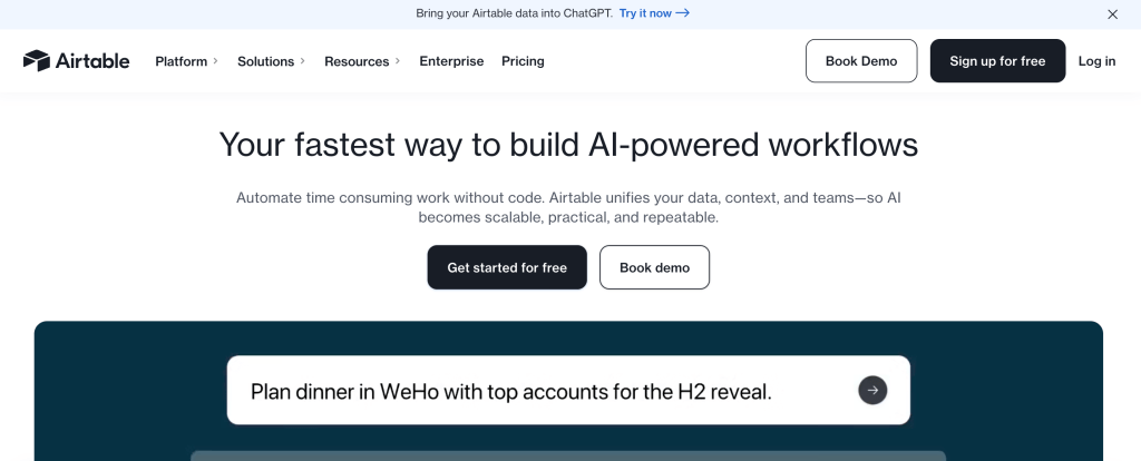 Airtable website homepage highlighting AI-powered workflows with a call to action to plan a dinner in WeHo.