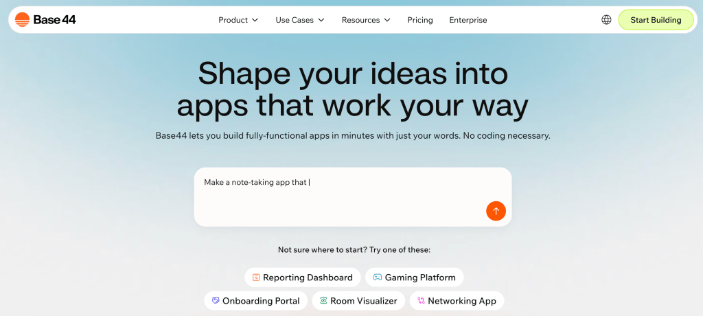 Base44 homepage featuring a header that encourages users to shape their ideas into apps, with a text input field for app creation and additional options for use cases.