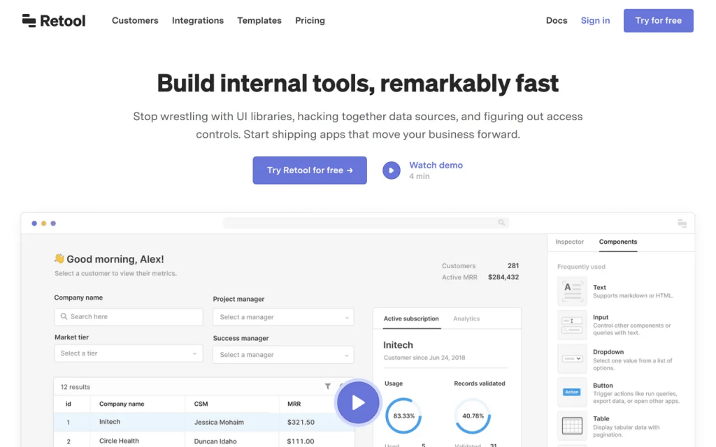 Retool homepage featuring the headline build internal tools.