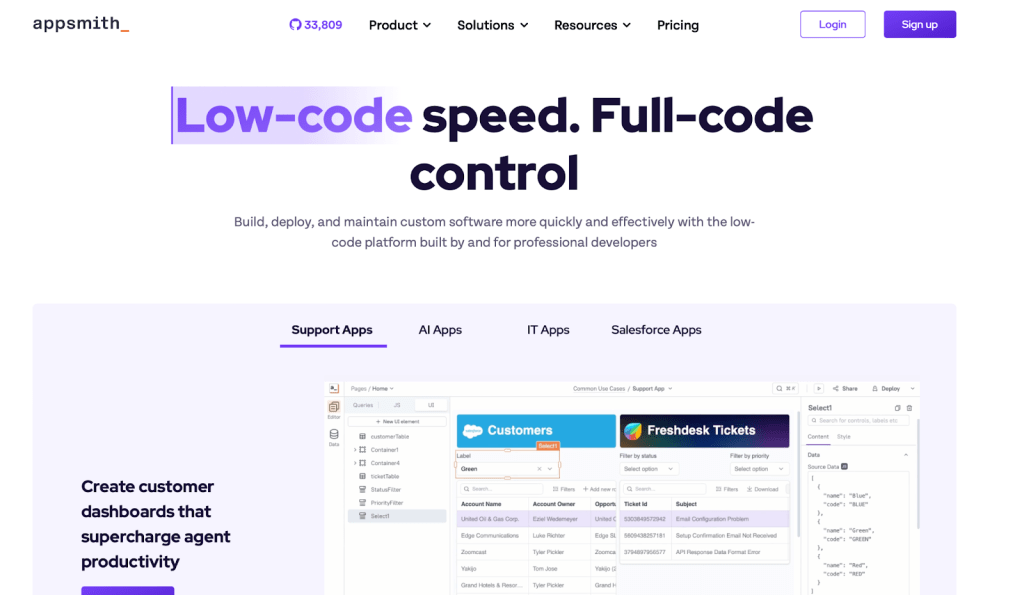 Appsmith homepage featuring the headline low-code speed. Full-code control.
