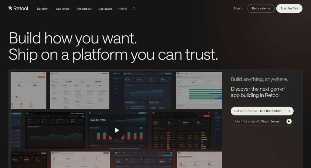 Retool low-code platform for building internal tools, admin dashboards, and business applications with drag-and-drop components and database integrations