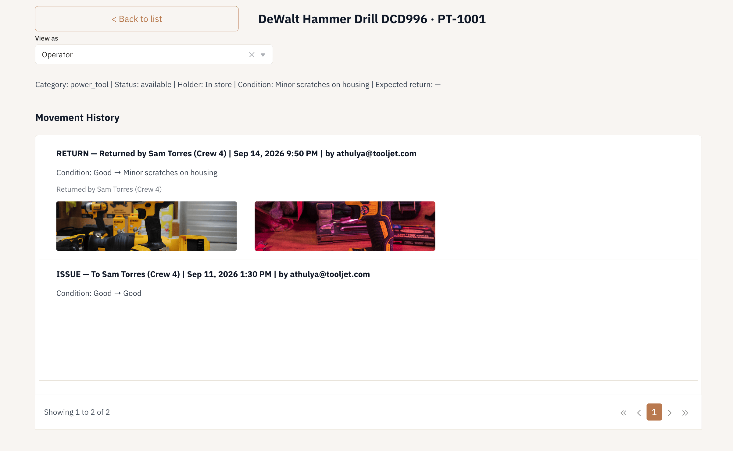 Build an asset handover app with ToolJet MCP, the finished application: Item Detail — full movement history with condition photos, and an Asset-Manager-only correction flow