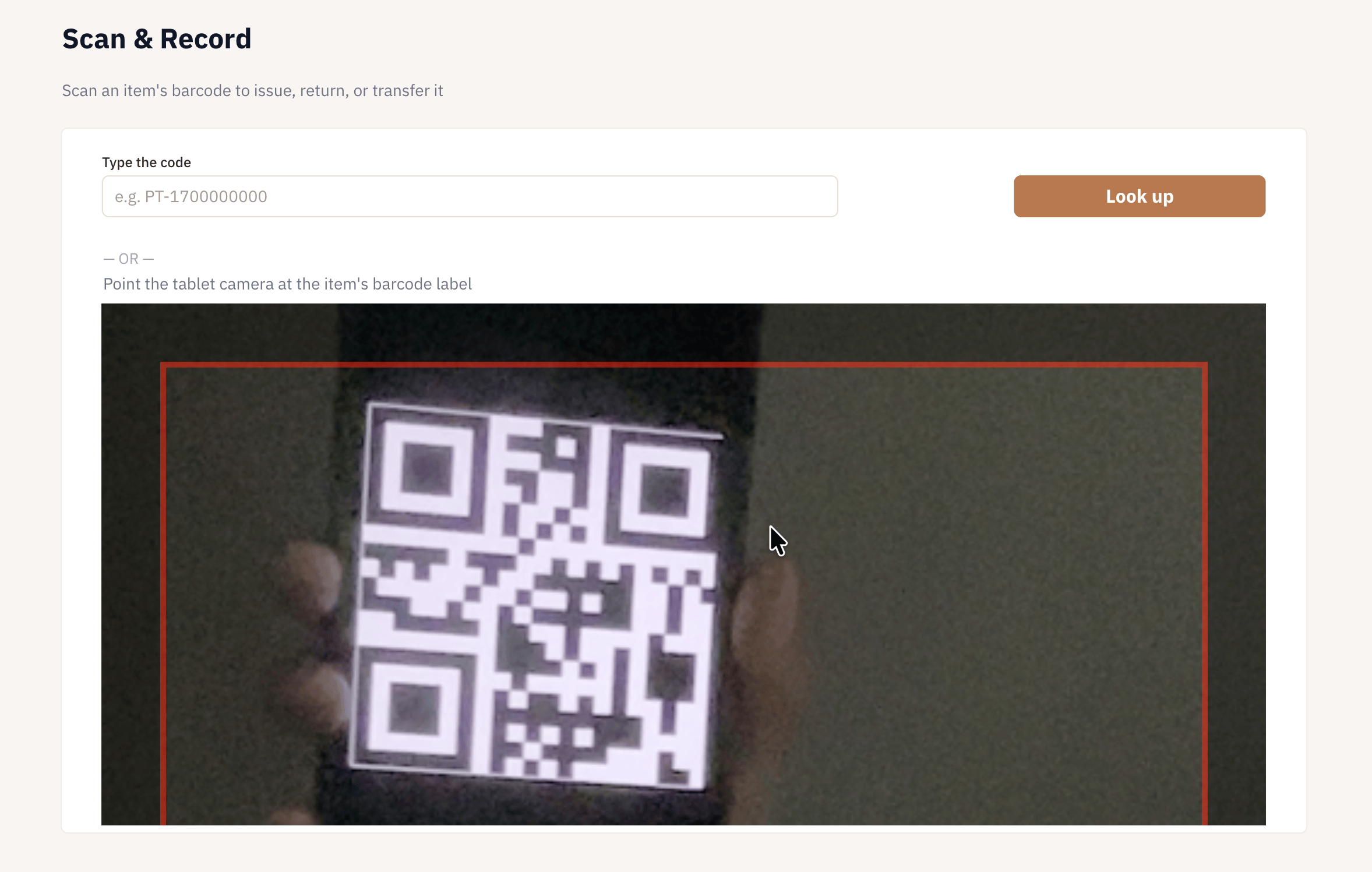 Build an asset handover app with ToolJet MCP, the finished application: Scan & Record — QR scan with a manual-code fallback, big Issue/Return/Transfer buttons
