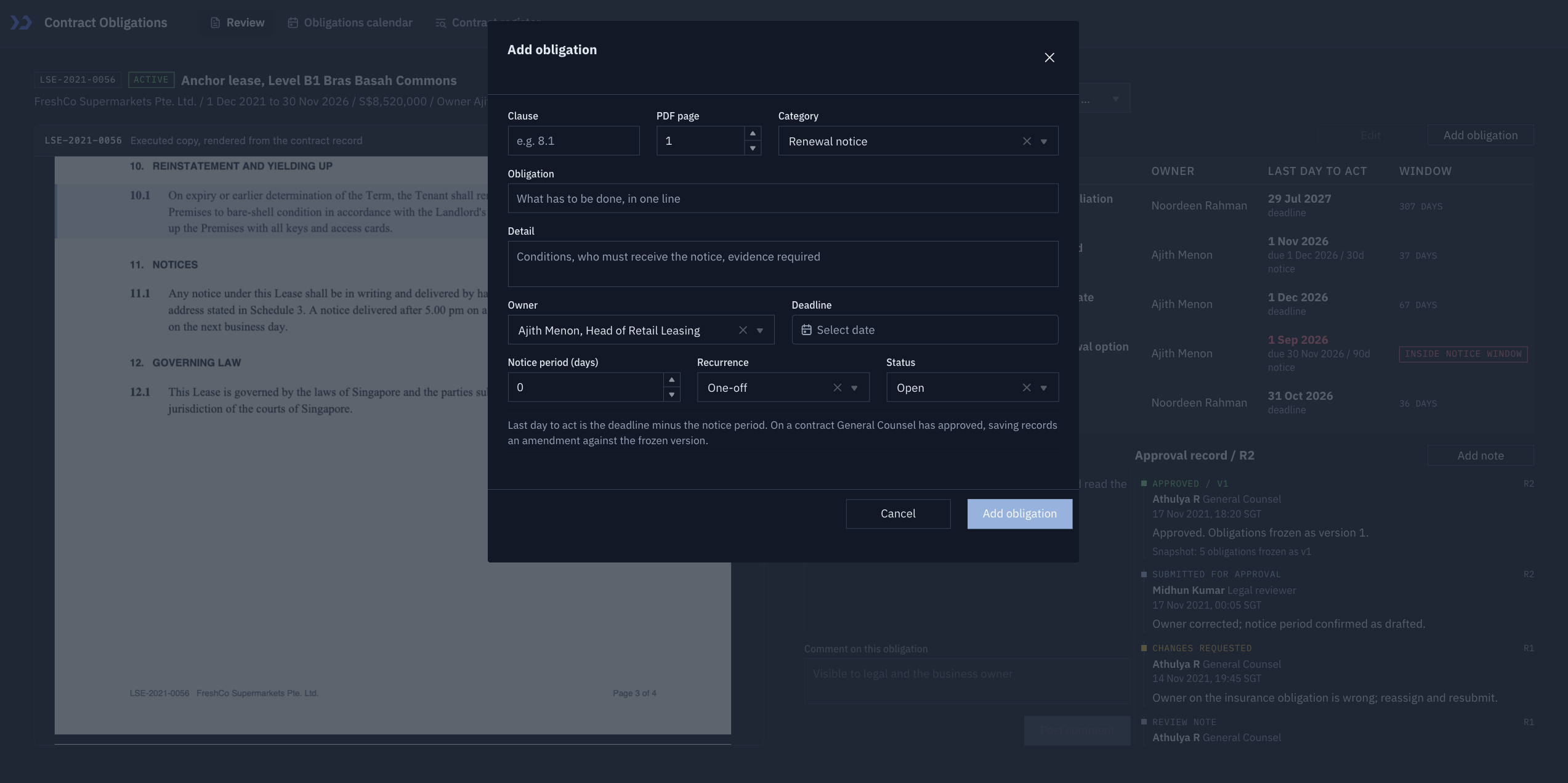 Build a contract obligations review app with ToolJet MCP, the finished application: Add obligation: clause, PDF page, category, owner, deadline, notice period, recurrence and status for a new obligation