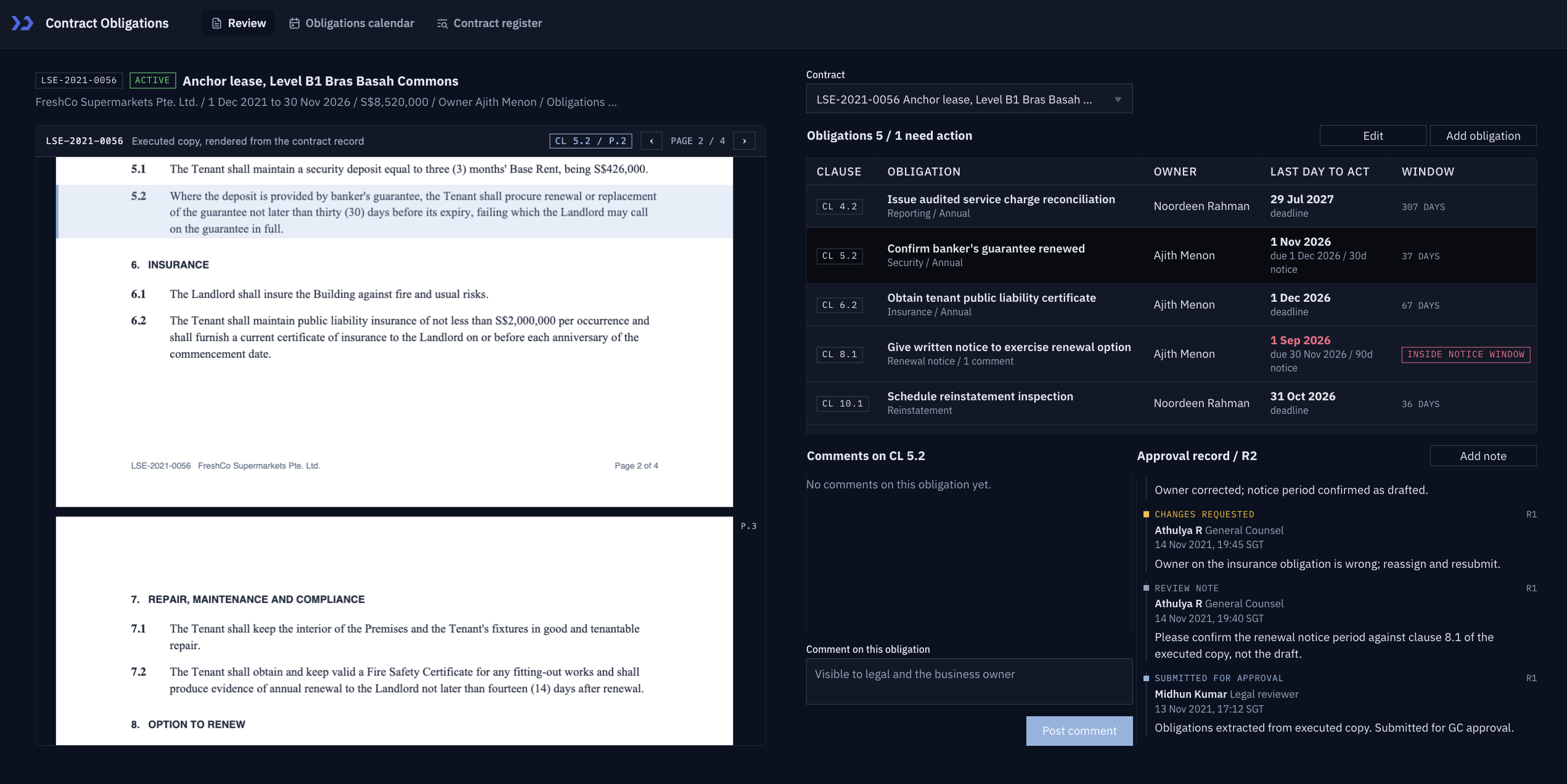 Build a contract obligations review app with ToolJet MCP, the finished application: Review: the executed lease beside the obligations extracted from it, each with an owner, last day to act and notice window, plus comments and the approval record