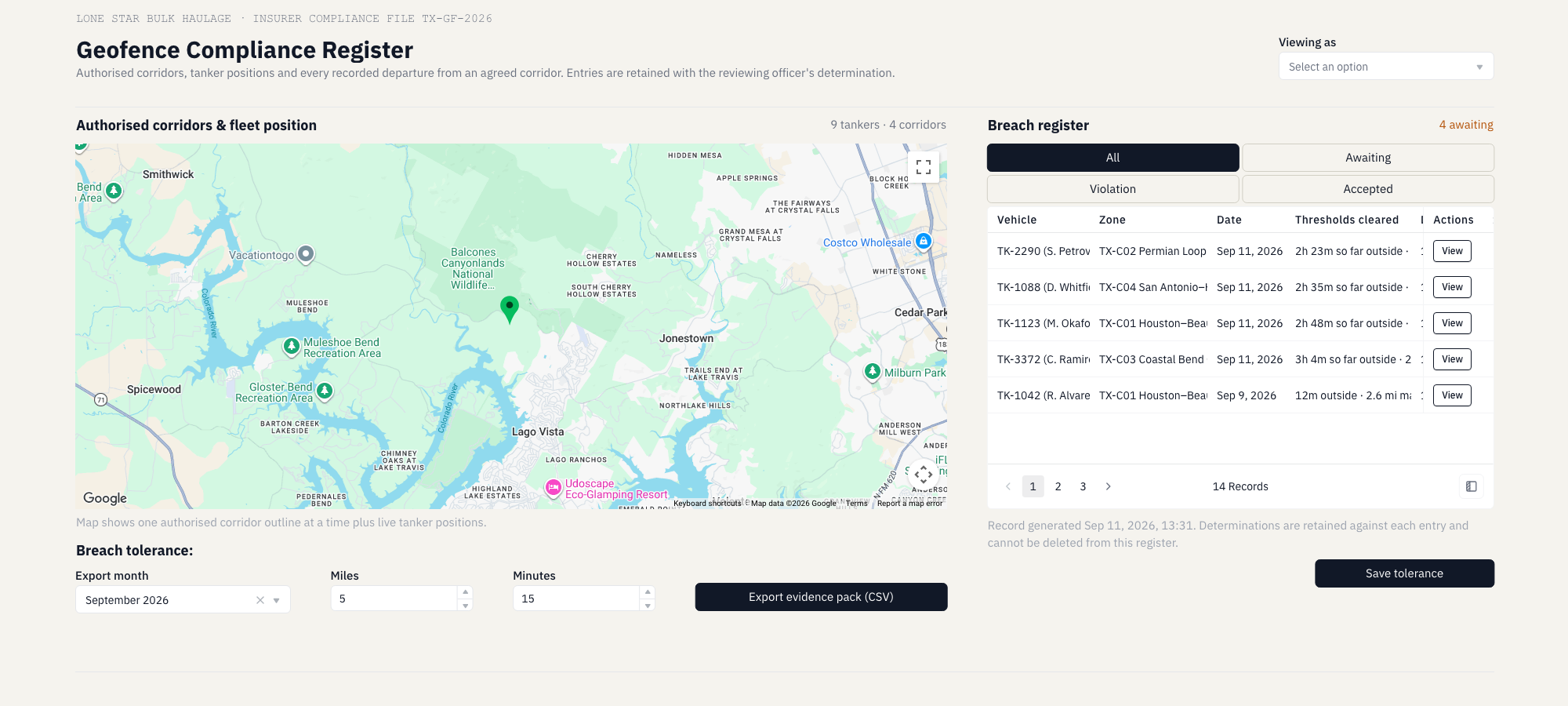 Build a geofence compliance register with ToolJet MCP, the finished application: Breach register with map, tolerance filtering, and grouped repeat departures