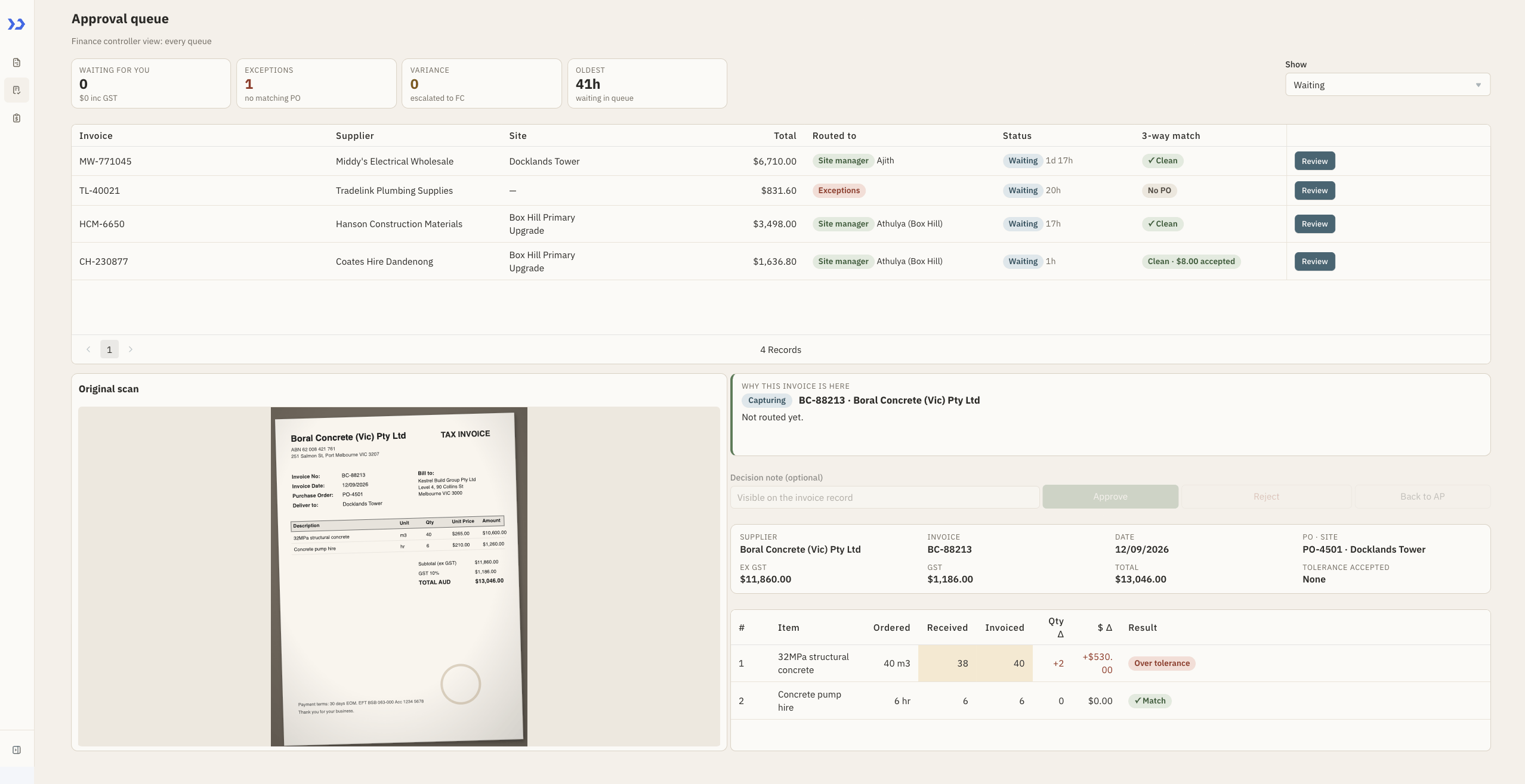 Build an invoice verification app with ToolJet MCP, the finished application: Approval Queue: waiting invoices with who each is routed to, its age and three-way match result, and the review panel below