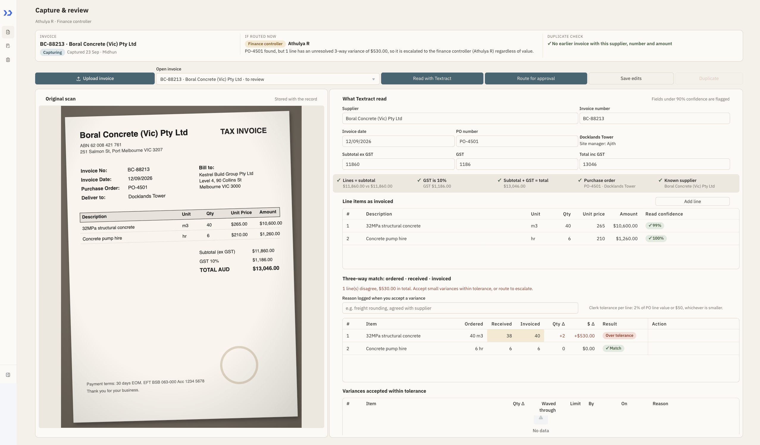 Build an invoice verification app with ToolJet MCP, the finished application: Capture & Review: the Boral Concrete scan beside what Textract read, the routing preview, and a $530 over-tolerance line in the three-way match