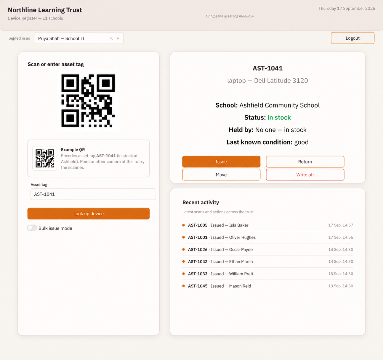Build a device register with ToolJet MCP, the finished application: Scan & Record: look up a device by asset tag and issue, return, move or write it off