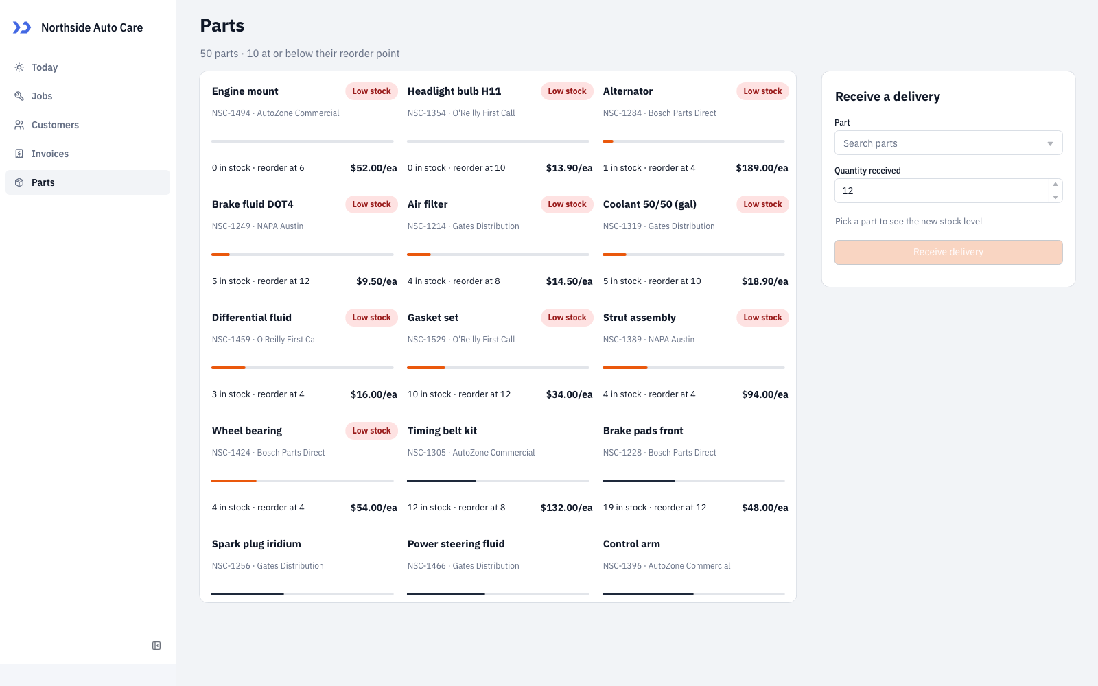 Auto Care Back Office built with Claude Code: Parts page: stock bars, low-stock tags and the receive-a-delivery panel. Parts page (build an auto care back office with Claude Code)