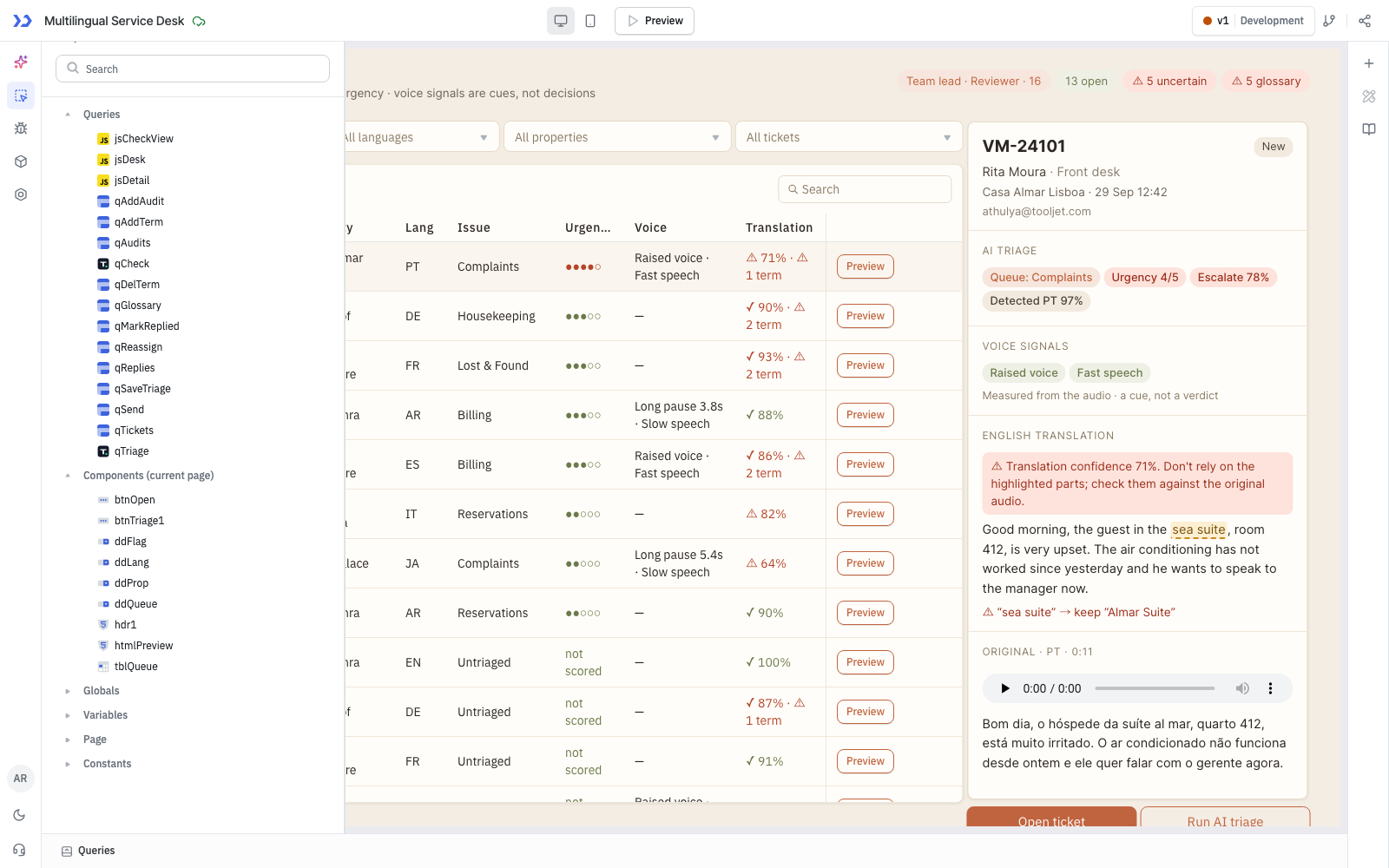 Multilingual Service Desk component tree generated by ToolJet MCP