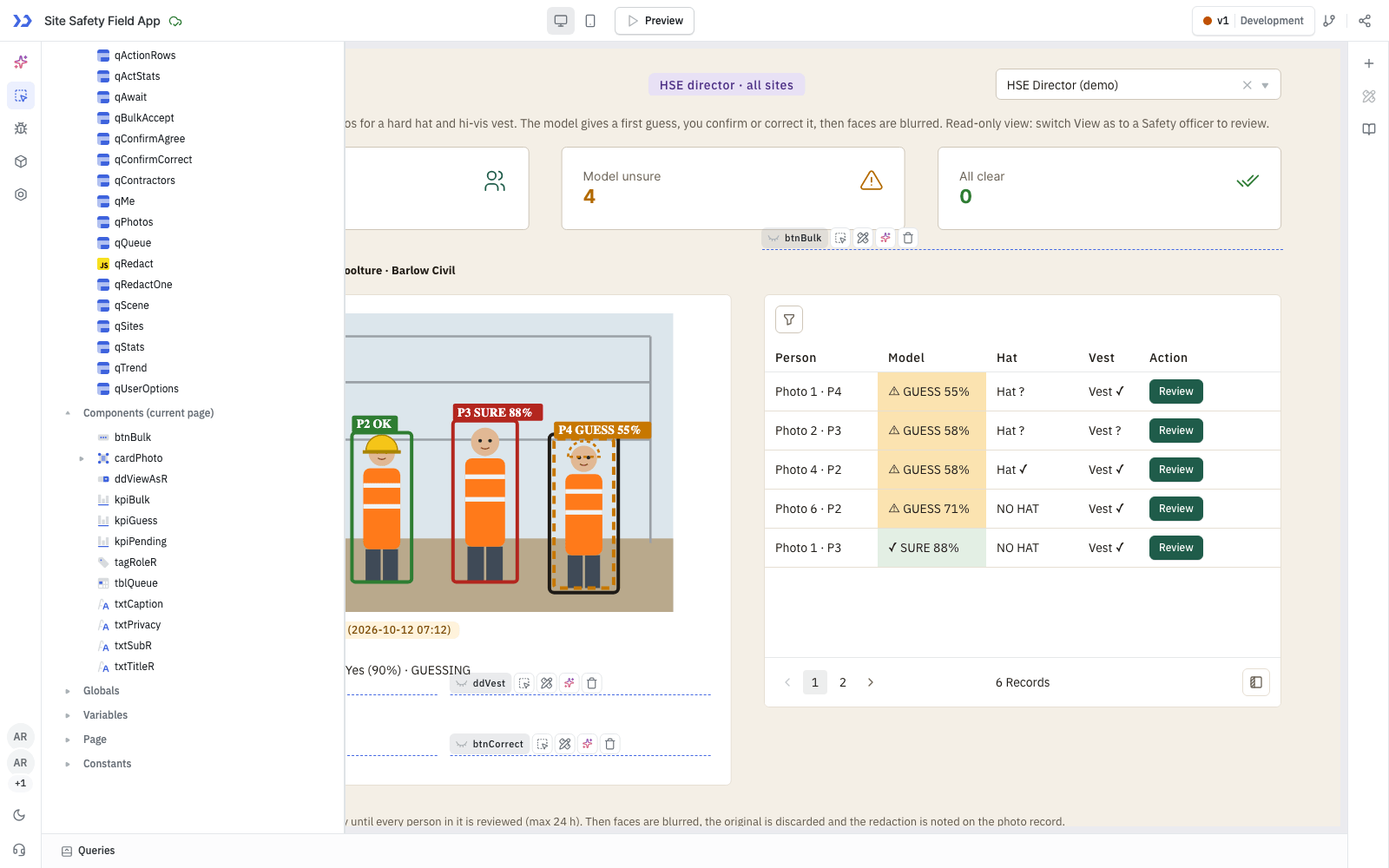 PPE Compliance Desk component tree generated by ToolJet MCP