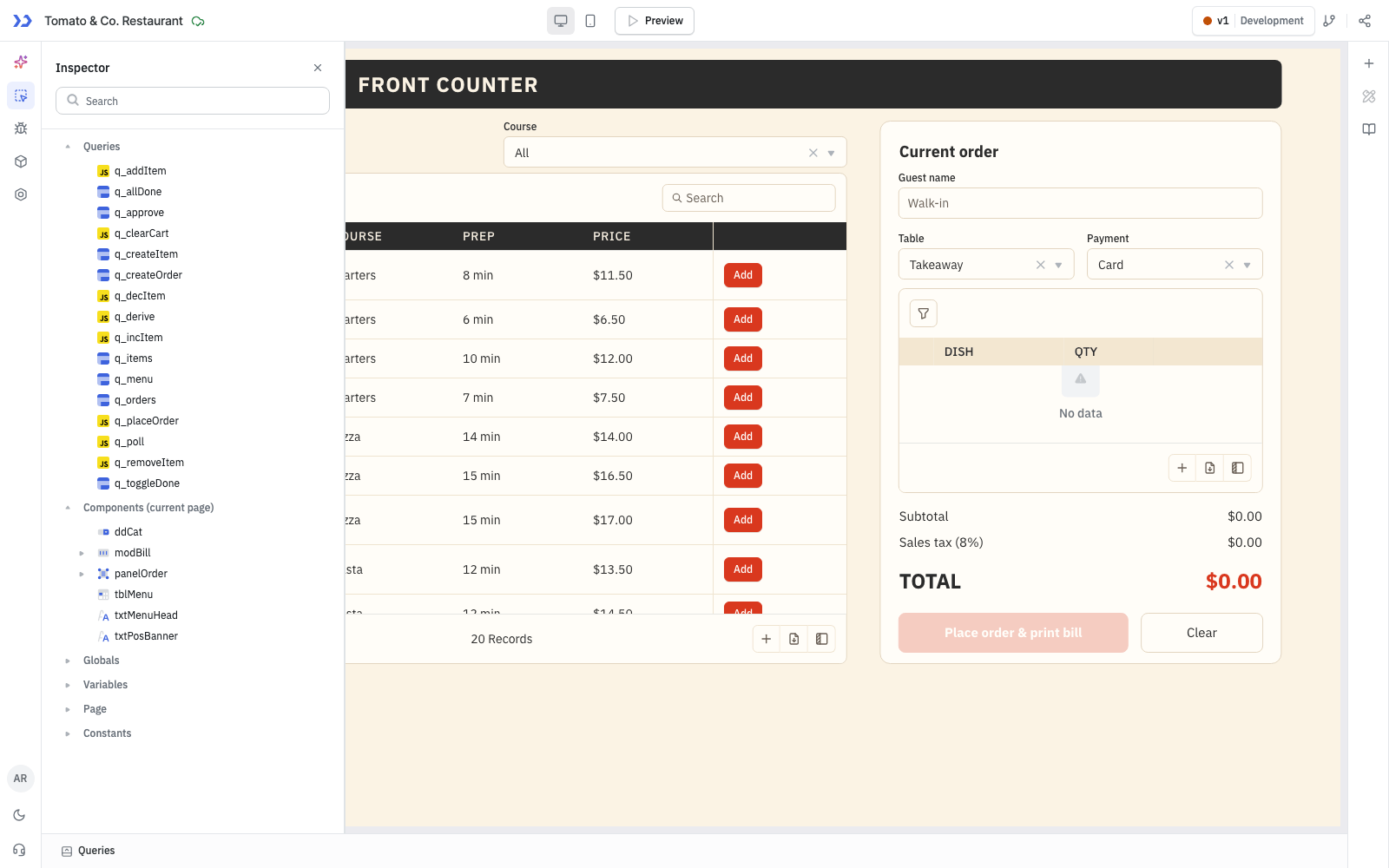 Restaurant app component tree generated by ToolJet MCP
