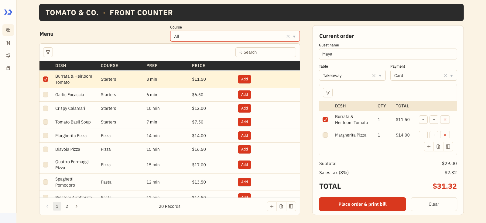 Front Counter page of the restaurant app built with ToolJet MCP: menu table beside the current order