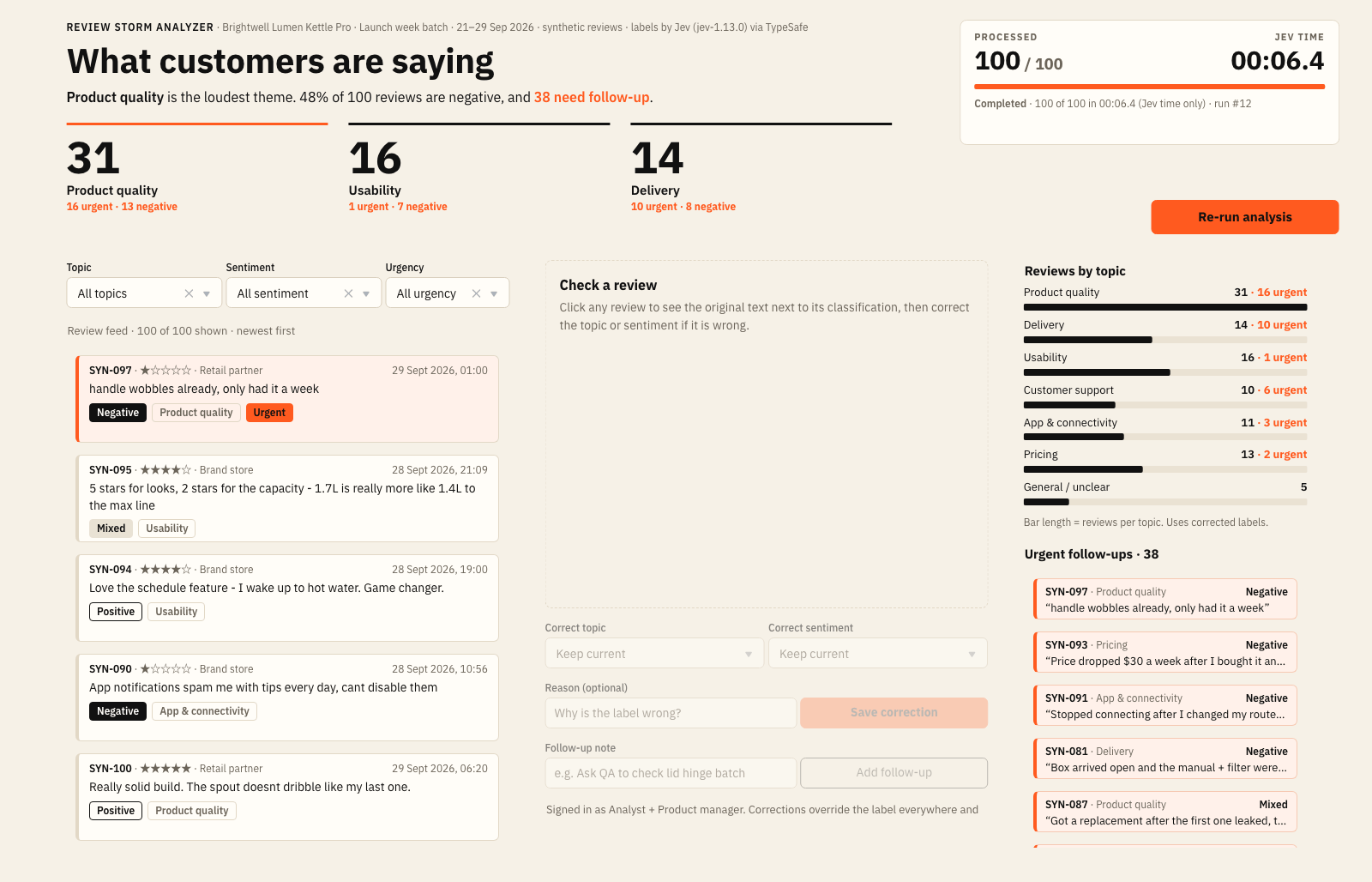 Review Storm Analyzer full app screen built with ToolJet MCP and Jev, showing the insights headline, topic tiles, review feed, reviews by topic and urgent follow-ups