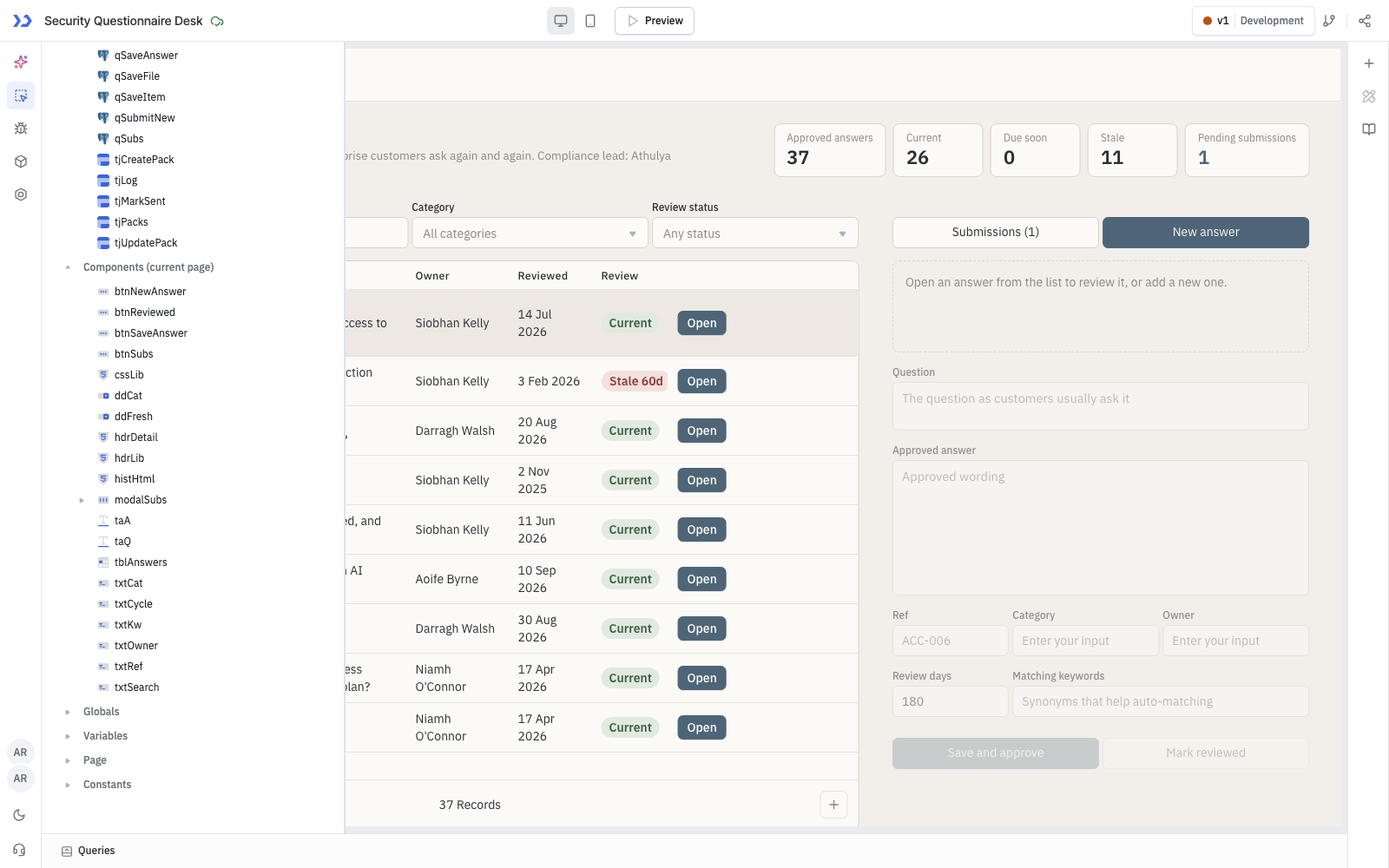 Security Questionnaire Desk component tree generated by ToolJet MCP