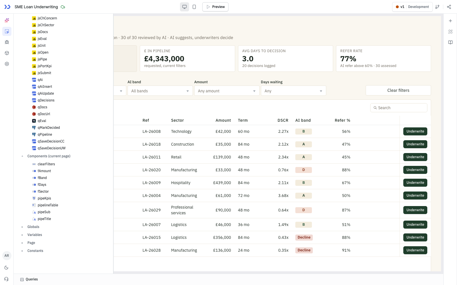 SME Loan Underwriting component tree generated by ToolJet MCP
