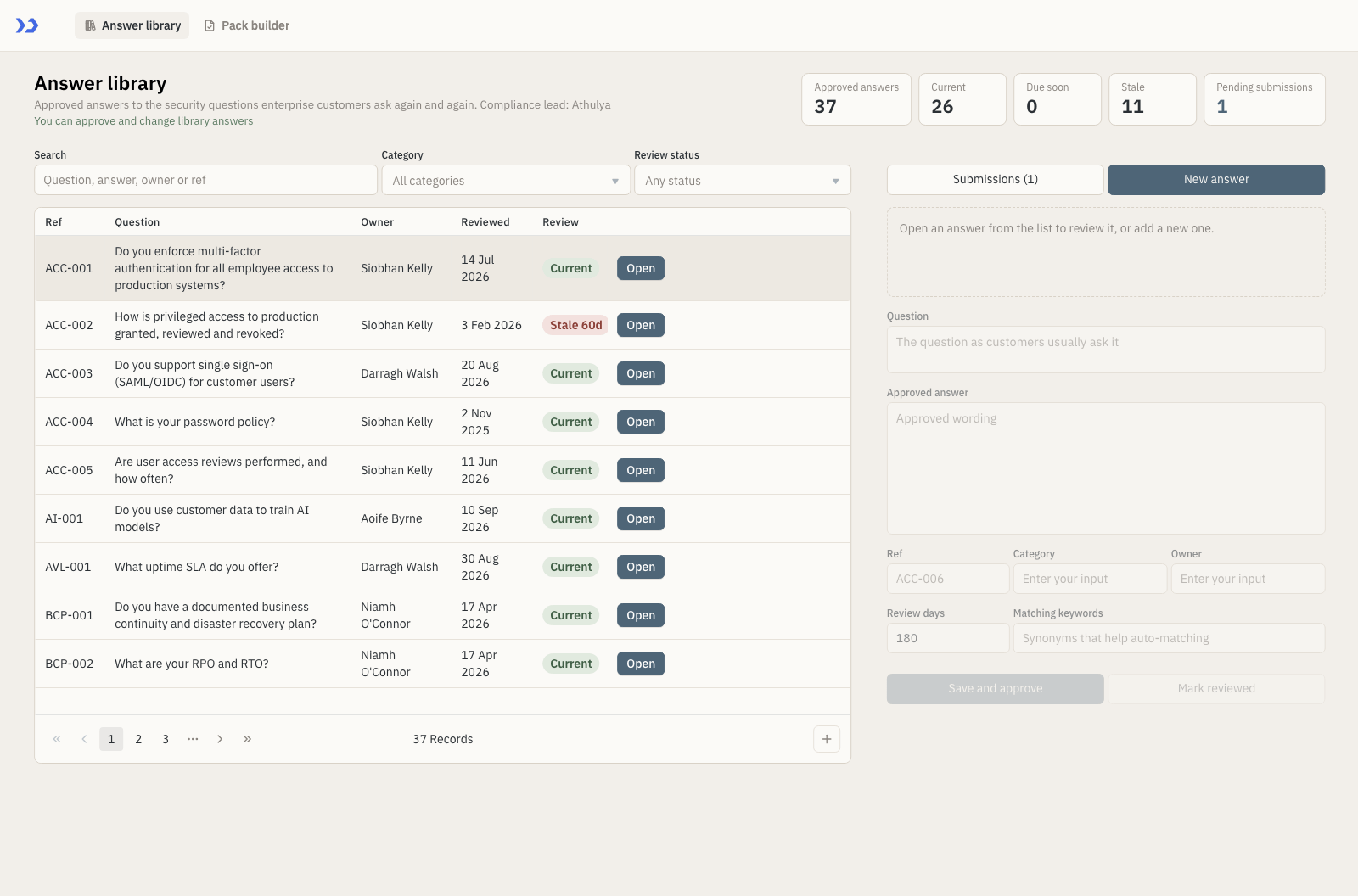 Approved answer library with owners, review dates and stale flags