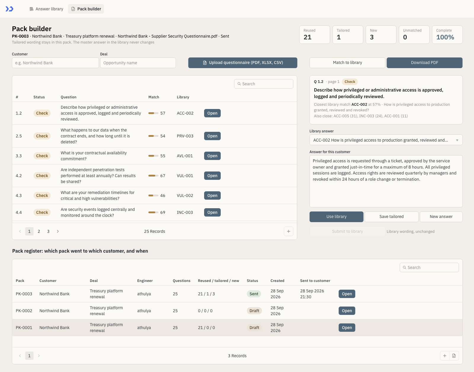 Security questionnaire pack builder in ToolJet showing reused, tailored and new answer counts